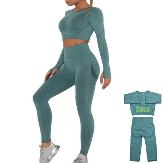 Workout Sets for Women 2 Piece Long Sleeve Yoga Outfits Seamless Ribbed Crop Top High Waist Legging - happygetfit.com