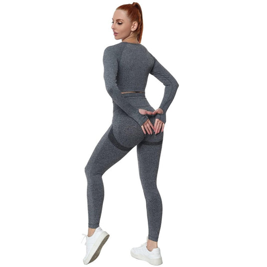 Workout Sets for Women 2 Piece Long Sleeve Yoga Outfits Seamless Ribbed Crop Top High Waist Legging - happygetfit.com