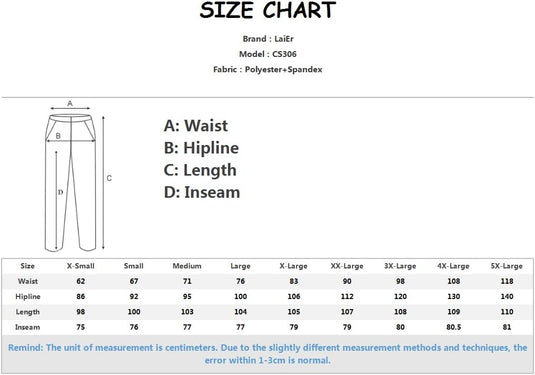 Maattabel voor Laif Yoga broek voor vrouwen, model CS306. Geeft taille-, heuplijn-, lengte- en binnenbeenmaten weer voor XS-5X in centimeters. Heeft een hoog taille-ontwerp met perfecte buikcontrole.