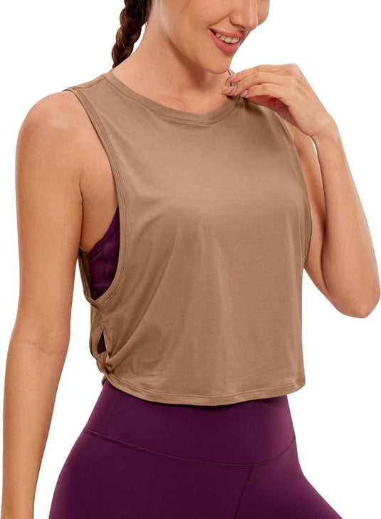 YOGA Dames Pima Cotton Workout Tank Crop Sport Shirt Mouwloos Yoga Running Tops - happygetfit.com