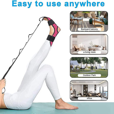 Yoga stretching riem, fitness beenstretcher, enkelband stretcher riem, flex riem stretching, been stretcher band voor plantaire fasciitis, hamstring stretcher, kuitpijn verlichting - happygetfit.com