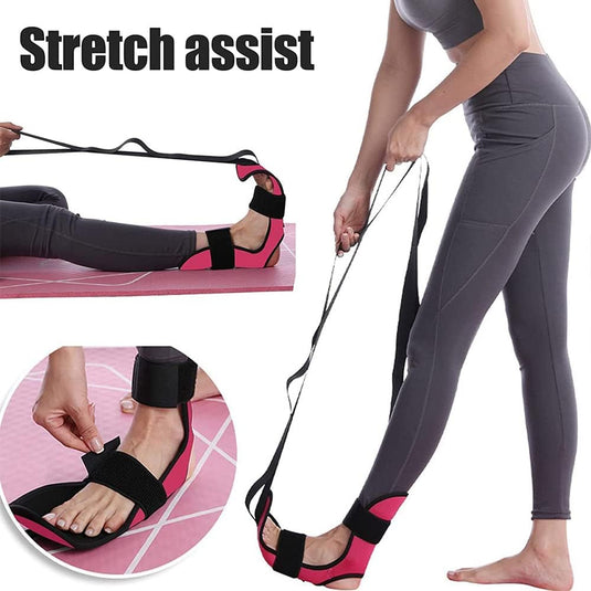 Yoga stretching riem, fitness beenstretcher, enkelband stretcher riem, flex riem stretching, been stretcher band voor plantaire fasciitis, hamstring stretcher, kuitpijn verlichting - happygetfit.com