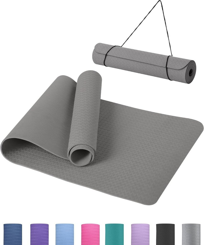 Laden Sie das Bild in Galerie -Viewer, Yogamat 183 x 61 cm – 6 mm dik – antislip TPE sportmat met draagriem voor yoga, pilates, fitness en workout - happygetfit.com
