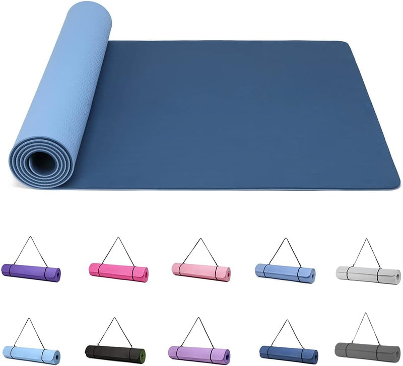 Load image into Gallery viewer, Een gedeeltelijk opgerolde blauwe yogamat met een antislipoppervlak voor veiligheid, met tien kleinere afbeeldingen van matten in felle kleuren hieronder. De &quot;Perfecte yogamat voor vrouwen&quot; is gemaakt van TPE-materiaal en biedt kwaliteit, stijl en een dik ontwerp van 6 mm, compleet met een draagriem.
