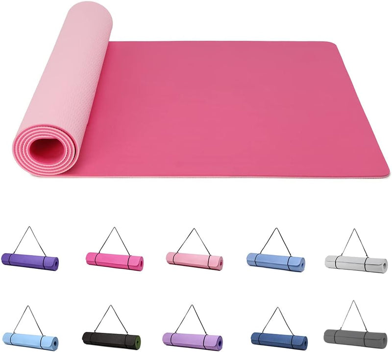 Laad afbeelding in Galerijviewer, Een roze, antislip oefenmat uit de collectie &quot;Perfecte yogamat voor vrouwen&quot; is uitgerold, met daaronder kleinere afbeeldingen van opgerolde matten in verschillende kleuren. Elke mat is gemaakt van TPE-materiaal en bevat een draagriem. Ideaal voor vrouwen die op zoek zijn naar stijlvolle functionaliteit.
