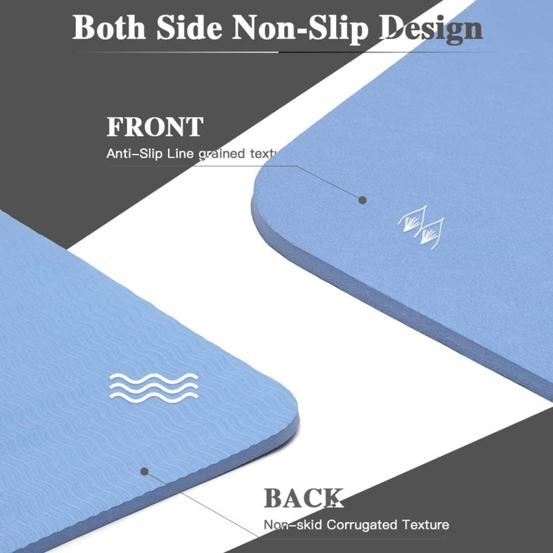 Load image into Gallery viewer, Close-up van een blauwe TPE-mat onthult de getextureerde antislipoppervlakken; de voorkant heeft een golfpatroon, de achterkant is gegolfd. De tekst luidt &quot;Both Side Non-Slip Design&quot;, ideaal voor vrouwen die stabiliteit en stijl zoeken in hun Perfecte yogamat - Antislip, 6 mm dik met draagriem.
