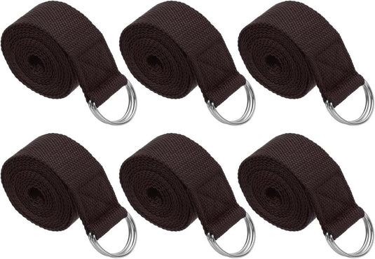 Yogariemen 6 stuks 180 x 3,8 cm van katoen met D-ring bruin – stretchbanden – yoga pilates accessoires - happygetfit.com