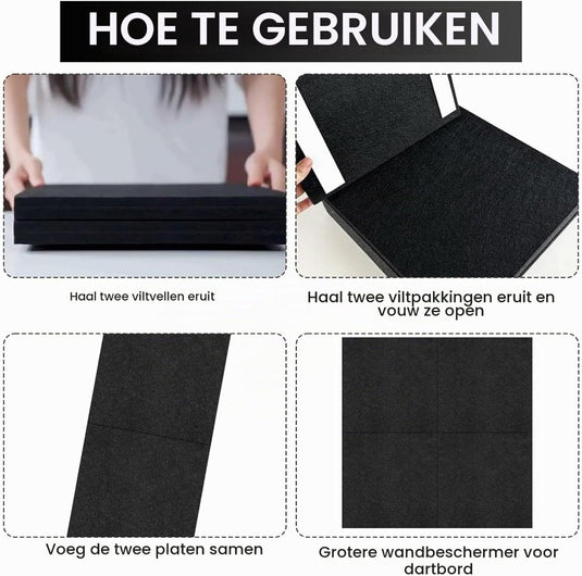 Zelfklevende dartbord beschermmat 4-delig 60 x 60 cm van 12 mm dik vilt – dartwandisolatie – muurafscherming - happygetfit.com