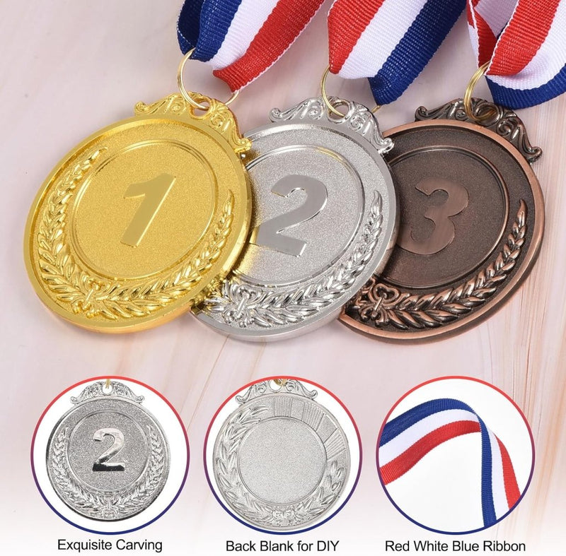 Laad afbeelding in Galerijviewer, Zilveren medailles 3 stuks 5 cm voor 2e plaats met neklint – sportmedailles – prijzen en trofeeën - happygetfit.com
