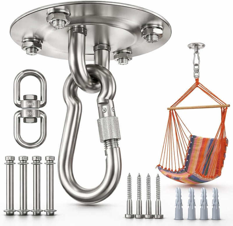 Laad afbeelding in Galerijviewer, Zware Plafondhaak 360 ° Rotatie Roestvrijstalen Hangmathaak Ophangset voor Hangmat, Hangstoel, Bokszak, Schommel, Luchtyoga - Capaciteit van 450 kg - happygetfit.com
