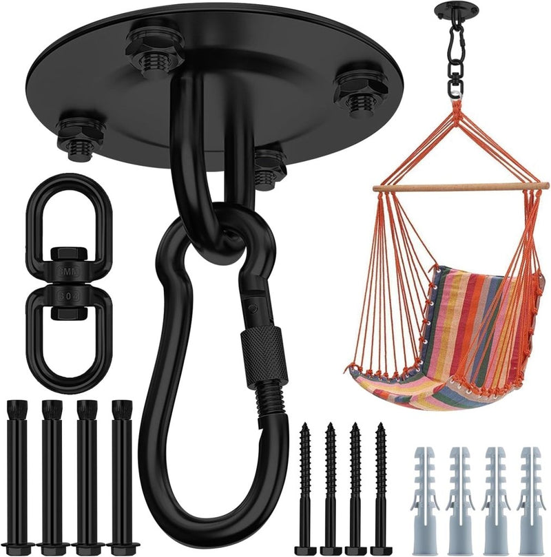 Laad afbeelding in Galerijviewer, Zware Plafondhaak 360 ° Rotatie Roestvrijstalen Hangmathaak Ophangset voor Hangmat, Hangstoel, Bokszak, Schommel, Luchtyoga - Capaciteit van 450 kg - happygetfit.com
