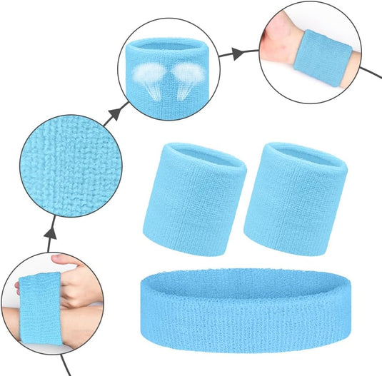 Zweetbandjes set 18 stuks met 6 sporthoofdbanden en 12 polsbandjes van zachte absorberende stof – sportzweetbanden – fitnessaccessoires - happygetfit.com