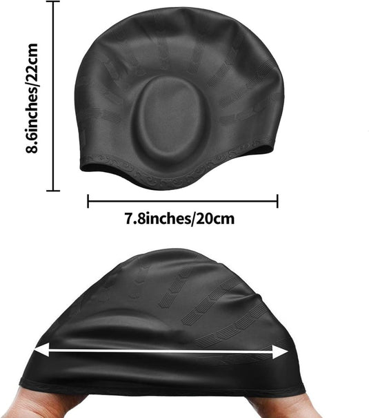 Zwem met plezier en comfort: de 3D siliconen badmuts met afmetingsindicatoren die breedte en hoogte weergeven en 3D-oorzakken.