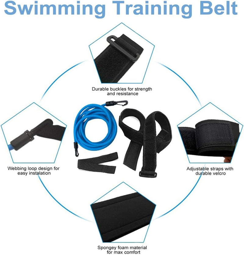 Load image into Gallery viewer, Deze afbeelding toont de &quot;Verbeter je zwemtraining met onze stationaire zwemtrainer!&quot; met duurzame gespen, verstelbare klittenbandsluitingen, webbing lus en sponsachtig schuimmateriaal. Het bevat een blauwe lijn voor weerstand, wat het een essentiële uitrusting maakt om uw zwemtraining te verbeteren.
