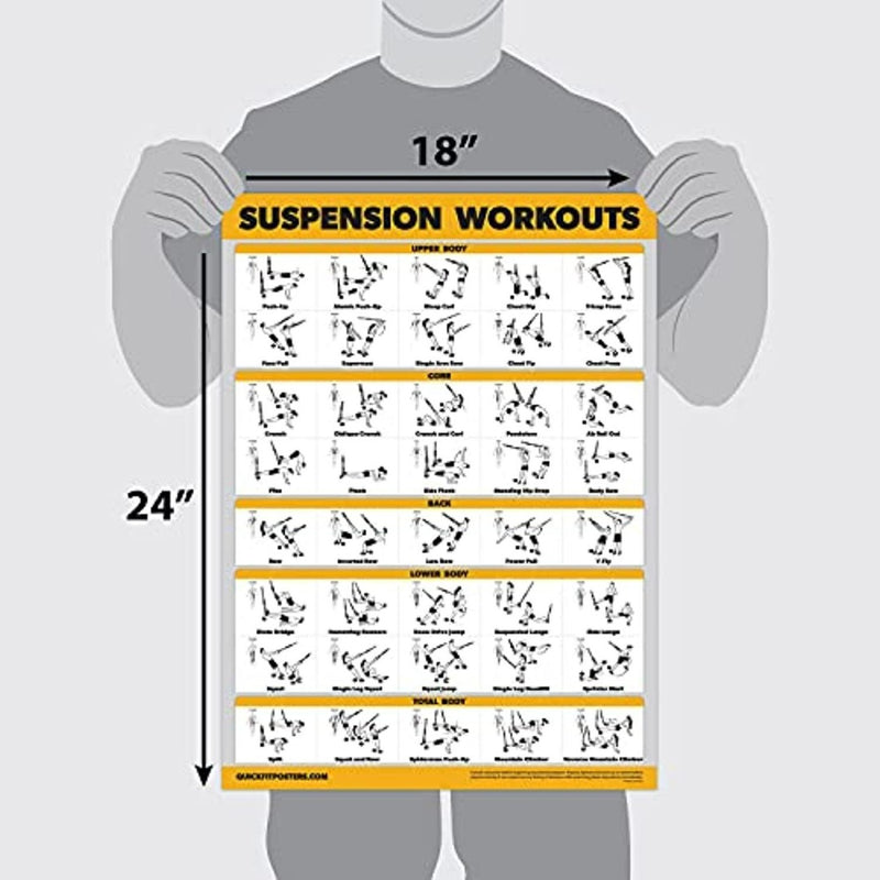 Laad afbeelding in Galerijviewer, Illustratie van een persoon die een grote, haal het maximale uit je trainingen met onze fitnessposters vasthoudt met verschillende ophangingsoefeningen in diagramvorm, afmetingen gemarkeerd als 18 bij 24 inch.
