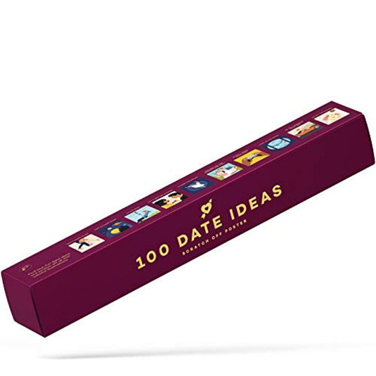 Een kastanjebruine Ontdek 100 afspraakjes met de romantische krasposterdoos met het opschrift "100 date ideas" met kleine, kleurrijke pictogrammen die verschillende activiteiten vertegenwoordigen.
