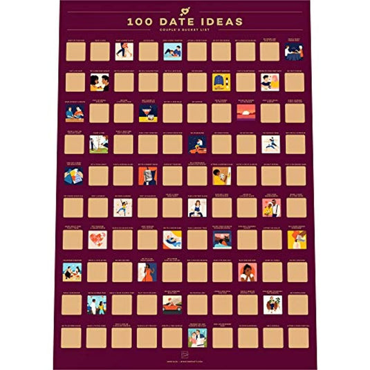 Een 100 dagen ideeënposter versierd met Ontdek 100 locatie afspraakjes met de romantische krasposter! om relaties te versterken en afspraakideeën aan te wakkeren.