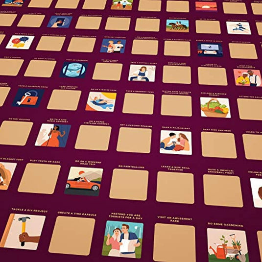 Memoryspelkaarten met diverse Ontdek 100 locatie afspraakjes met de romantische krasposter activiteiten geïllustreerd, uitgespreid op een vlakke ondergrond.