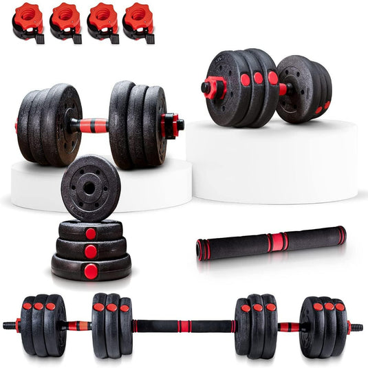 Een 2in1 halterset - de perfecte fitnessstudio vervanging, bestaande uit zwarte en rode dumbbells, op een witte achtergrond, perfect voor krachttrainen en oefenmogelijkheden.