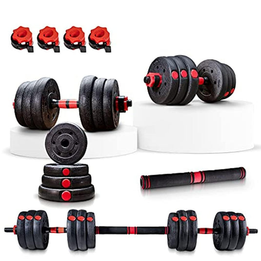 Een zwart met rode 2in1 halterset met rode handvatten, perfect voor krachttrainingen en biedt diverse oefenmogelijkheden - de perfecte fitnessstudio vervanging.