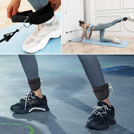 Twee foto's van een vrouw die een training doet met een paar schoenen en "Train je benen effectief en comfortabel met onze enkelbanden voor kabelmachine".