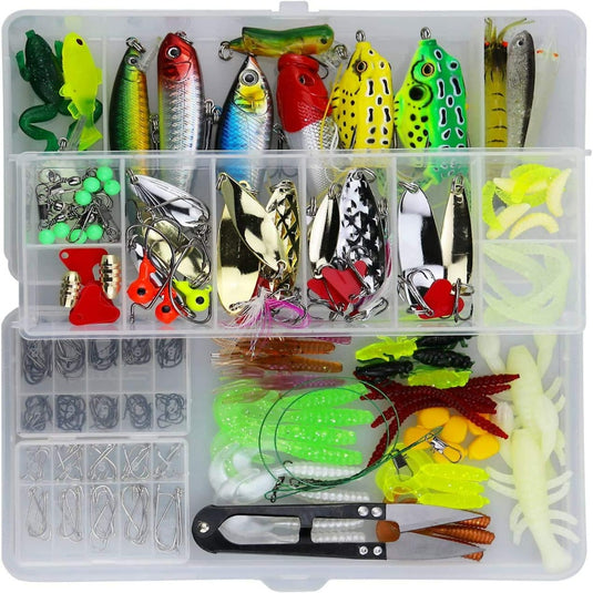 Een Ontdek de complete en handige kunstaas vissenlok kit met diverse vissen lokkertjes, verpakt in een plastic doos.