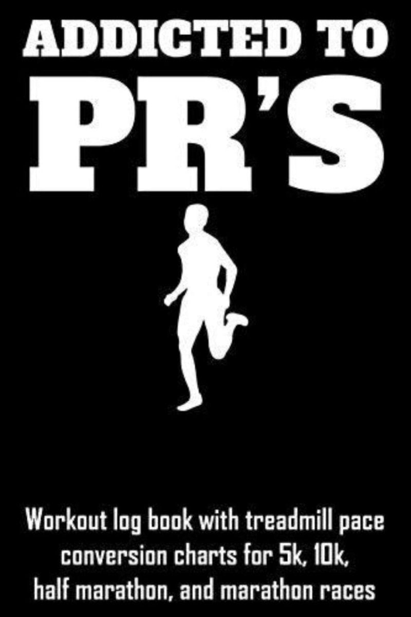 Laad afbeelding in Galerijviewer, Runnersilhouet met de tekst &quot;Addicted to Pr&#39;s&quot; en een beschrijving voor Addicted to Pr&#39;s: trainingslogboek met loopbandtempoconversiegrafieken voor 5k-, 10k-, halve marathon- en marathonraces, inclusief breed regelpapier.
