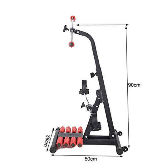 Zwarte verticale klimmer Fysiotherapie machine voor senioren met gemarkeerde afmetingen, ontworpen voor low-impact oefeningen, met verstelbare handgrepen en een voetpedaal.