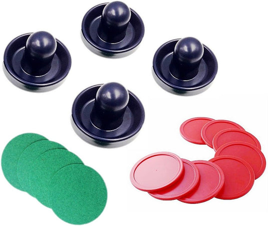 Een set Ultiem air hockey tafelplezier met deze complete accessoireset pucks en een set rode en blauwe schijven.