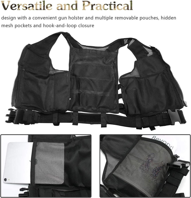 Load image into Gallery viewer, Zwart tactisch vest gemaakt van 600D polyester, met meerdere zakken en pistoolholster, weergegeven met close-upbeelden van zijn zakken en klittenbandsluiting.
