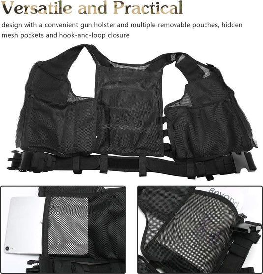 Zwart tactisch vest gemaakt van 600D polyester, met meerdere zakken en pistoolholster, weergegeven met close-upbeelden van zijn zakken en klittenbandsluiting.