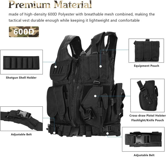 Een infographic die het zwarte tactische vest toont gemaakt van 600D polyester, met verschillende hulpstukken zoals een houder voor shotgun shells, een uitrustingstas en een holster. Het bevat ook toegevoegde mesh voor verhoogd vermogen.