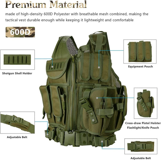 Een olijfgroen tactisch vest: de ultieme uitrusting voor elke missie, gemaakt van 600D polyester met verschillende zakjes, waaronder een shotgun shell-houder, uitrustingstasje en holster, gemarkeerd door premium ademend mesh-materiaal en verstelbare functies.