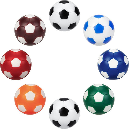 Negen mini-tafelvoetbalballen in diverse kleuren, waaronder traditioneel zwart en wit, gerangschikt in een raster op een witte achtergrond.
Nooit meer zonder reserveballen tijdens een tafelvoetbalwedstrijd met onze hoogwaardige tafelvoetbalballetjes!