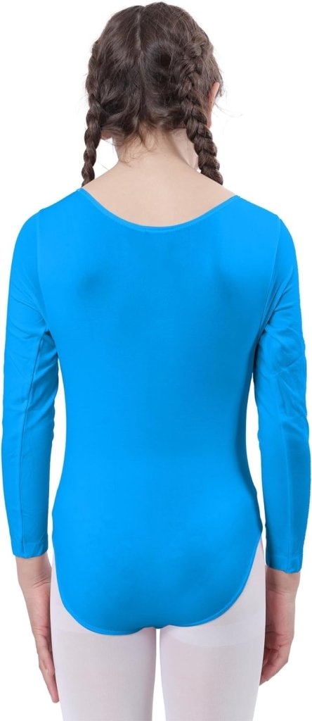 Laad afbeelding in Galerijviewer, Vrouw, gekleed in een blauw Balletshirt met lange mouwen voor meisjes, vanaf de achterkant gezien.
