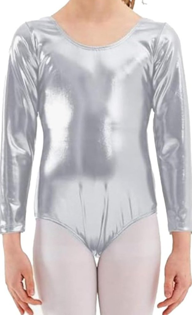 Laad afbeelding in Galerijviewer, Vrouw in een zilverkleurig Balletshirt met lange mouwen voor meisjes.
