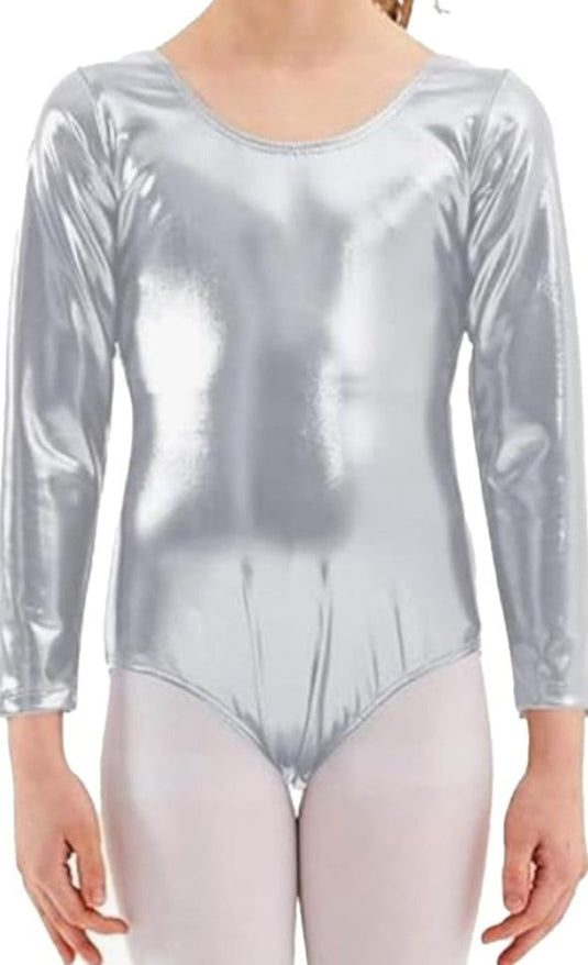 Vrouw in een zilverkleurig Balletshirt met lange mouwen voor meisjes.