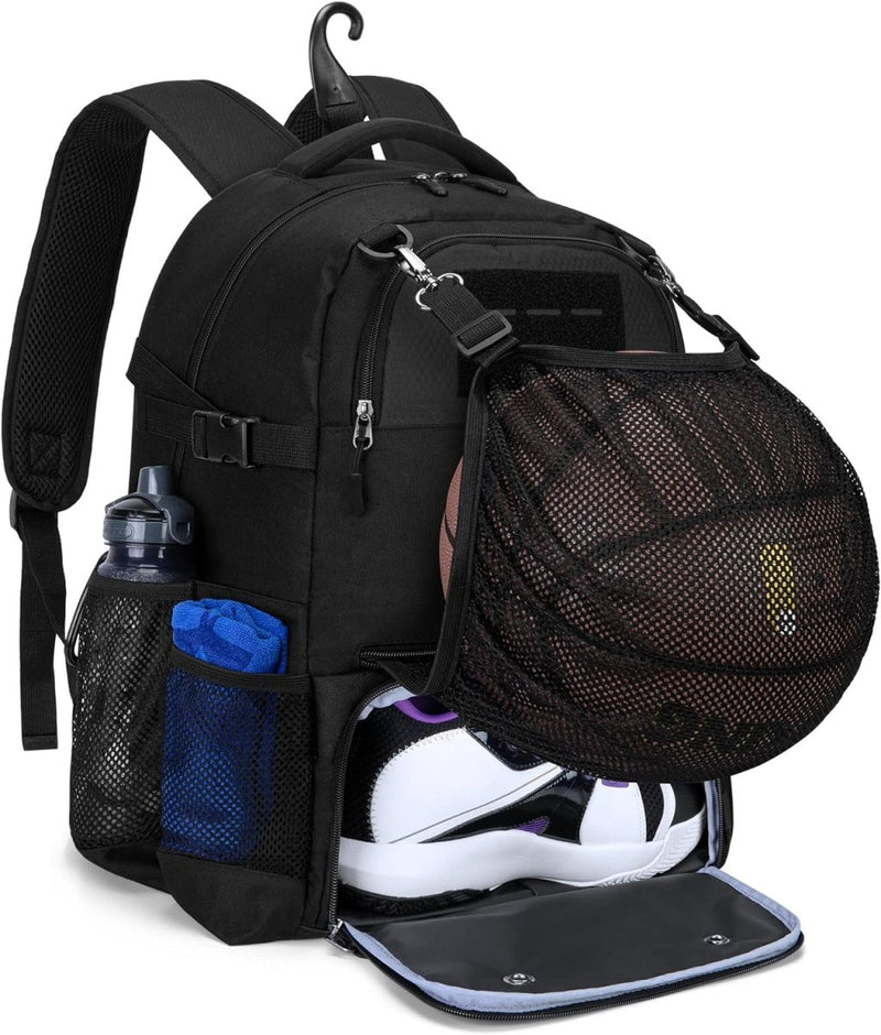 Load image into Gallery viewer, Een zwarte Balrugzak: alles wat je nodig hebt voor je volgende spel met een basketbal erin.
