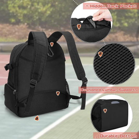 Een zwarte Balrugzak: alles wat je nodig hebt voor je volgende spel met een tennistas erop.