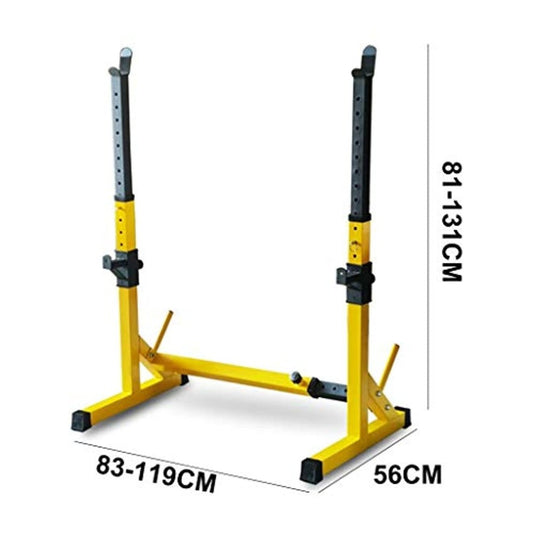 Een geel Squat rack voor krachttraining: Til je training naar een hoger niveau! met metingen voor krachttraining en het waarborgen van de veiligheid.