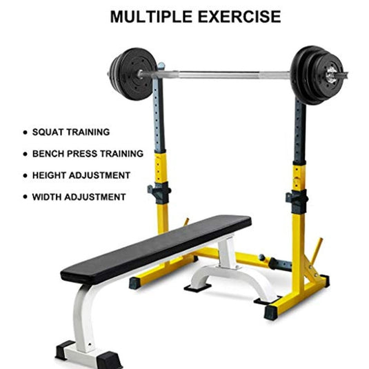 Een Squat rack voor krachttraining met gewichten erop, perfect voor krachttraining en veiligheid.