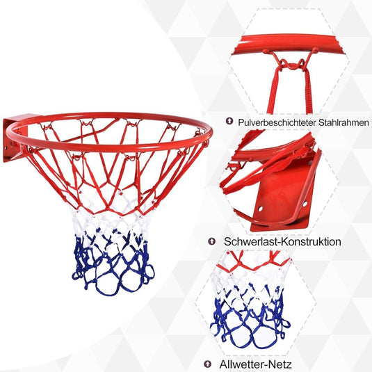 Explosietekening van een basketbalring met de componenten ervan: het gepoedercoate stalen frame, de robuuste constructie en Basketbalnet voor thuis en buiten: Speelplezier voor groot en klein.