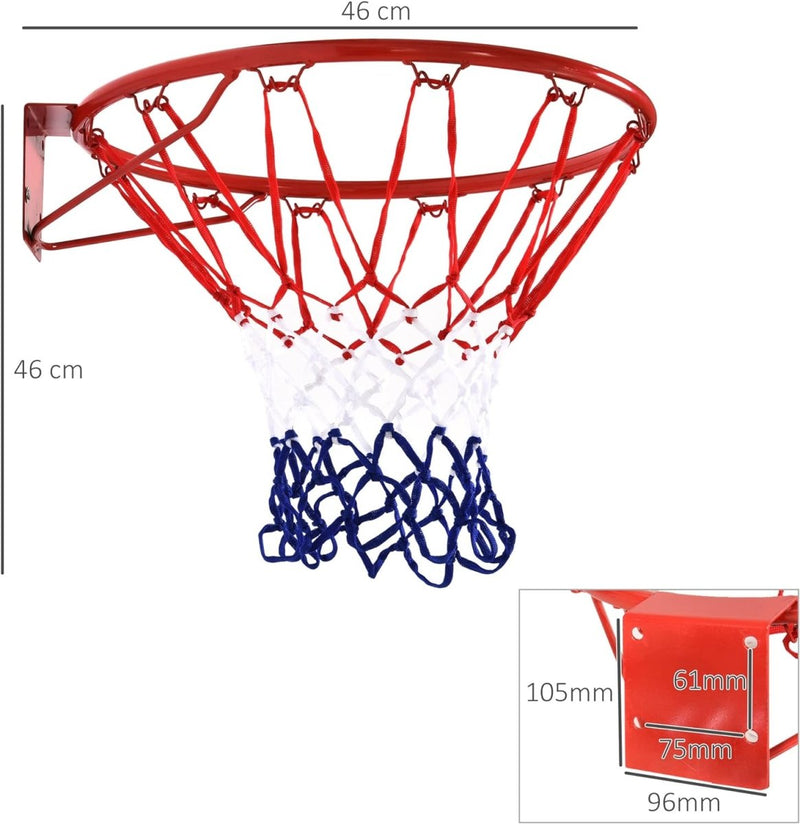 Load image into Gallery viewer, Een weerbestendig nylon basketbalnet voor thuis en buiten met gelabelde afmetingen, waarbij de rand en het net vanuit een bottom-up perspectief worden weergegeven.
