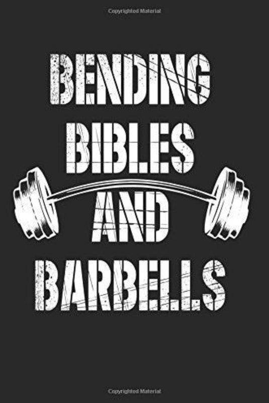 Tekst "Bending Bibles and Barbells: Funny Workout Fitness Faith Notebook" in wit, verouderd lettertype op een zwarte achtergrond, met een grafische afbeelding van een halter, ideaal voor een motiverend trainingsnotitieboekje.