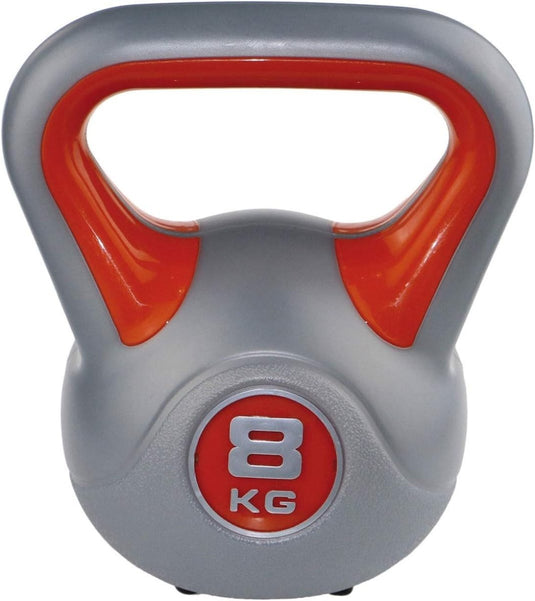 Een 8 kg Berenike kettlebell met oranje accenten, perfect voor full-body training in je homegym.