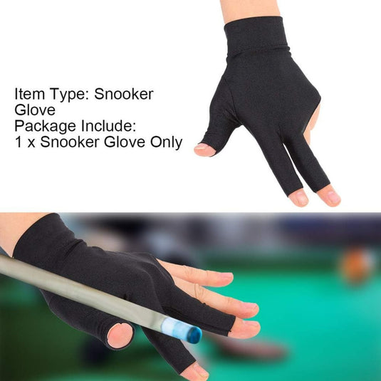 Verhoog je biljartspel met onze flexibele biljarthandschoen gemaakt van elastisch spandex-materiaal, gedragen door een handgrip op een keu-demonstratie, met een vervaagde snookertafel op de achtergrond. De tekst geeft aan dat het om een paar handschoen gaat.