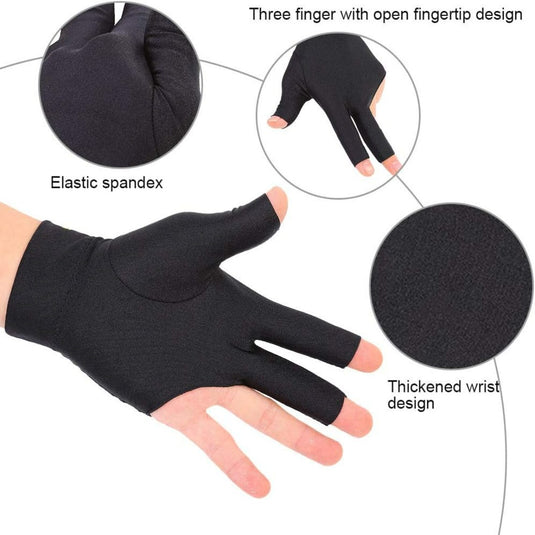 Een paar Verhoog je biljartspelhandschoenen gemaakt van elastisch spandex-materiaal, met drie vingers.