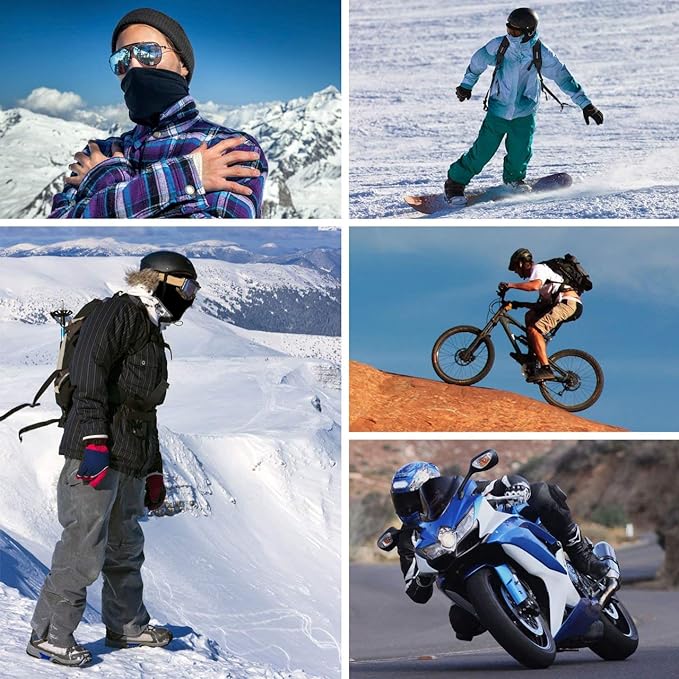 Laad afbeelding in Galerijviewer, Een collage van individuen die zich bezighouden met buitenactiviteiten, waaronder motorrijden en snowboarden terwijl ze beschermende kleding en onze multifunctionele bivakmuts dragen.
