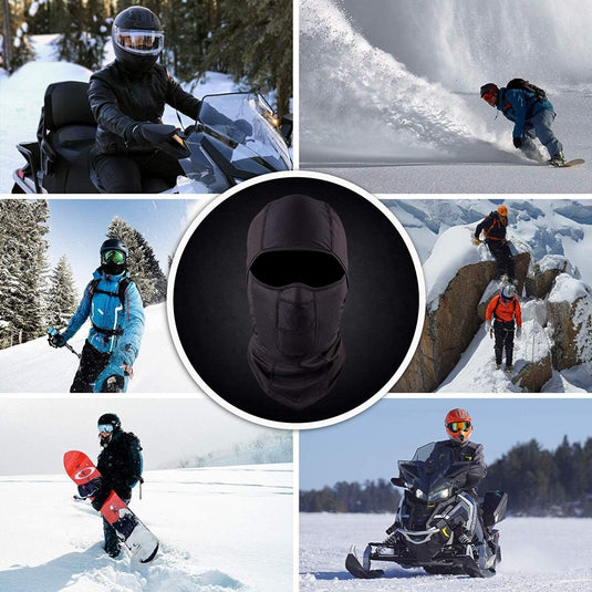Beschrijving: Een collage van foto's van mensen die warm aan het skiën en snowboarden zijn. Blijf warm en comfortabel tijdens je winteractiviteiten met onze multifunctionele bivakmuts en waterdichte uitrusting.