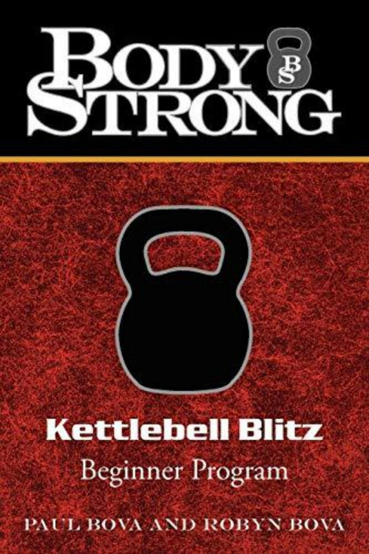 Omslag van een fitnessprogrammaboek met de titel "kettlebell oefeningen" door Paul Bova en Robyn Bova, met een kettlebell-silhouet op een gestructureerde rode achtergrond.